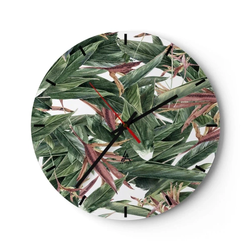 Nástenné hodiny - Zelené listy s fialovými akcentmi na bielom pozadí - 30x30cm - Smaragdovo-ľaliové húštie - Moderná nástenná dekorácia do obývacej izby, kuchyne a spálne ARTTOR
