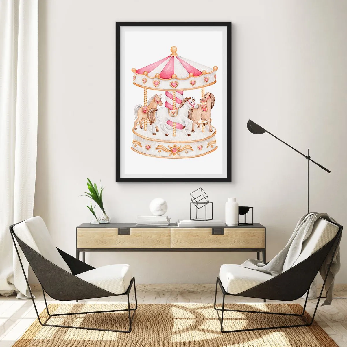 Plagát v čiernom ráme - Akvarelové kolotoče v pastelových odtieňoch ružovej - 50x70cm - Sladký svet detstva - Moderná nástenná dekorácia do obývacej izby a spálne ARTTOR