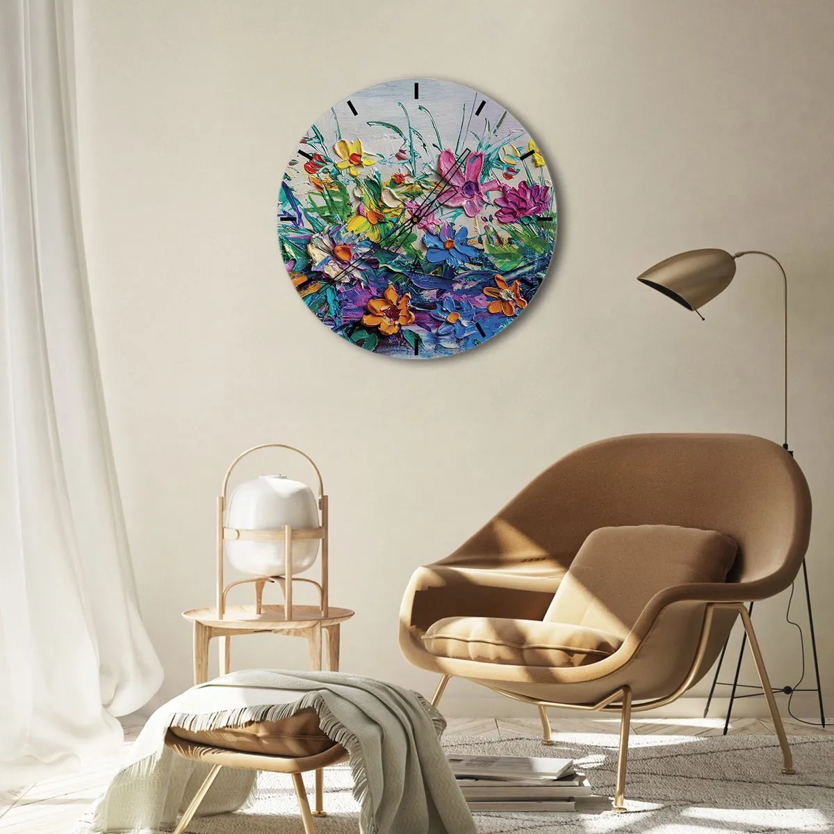 Nástenné hodiny - Farebná kvetinová krajina v impasto technike - 30x30cm - Vôbec nie zátišie - Moderná nástenná dekorácia do obývacej izby, kuchyne a spálne ARTTOR