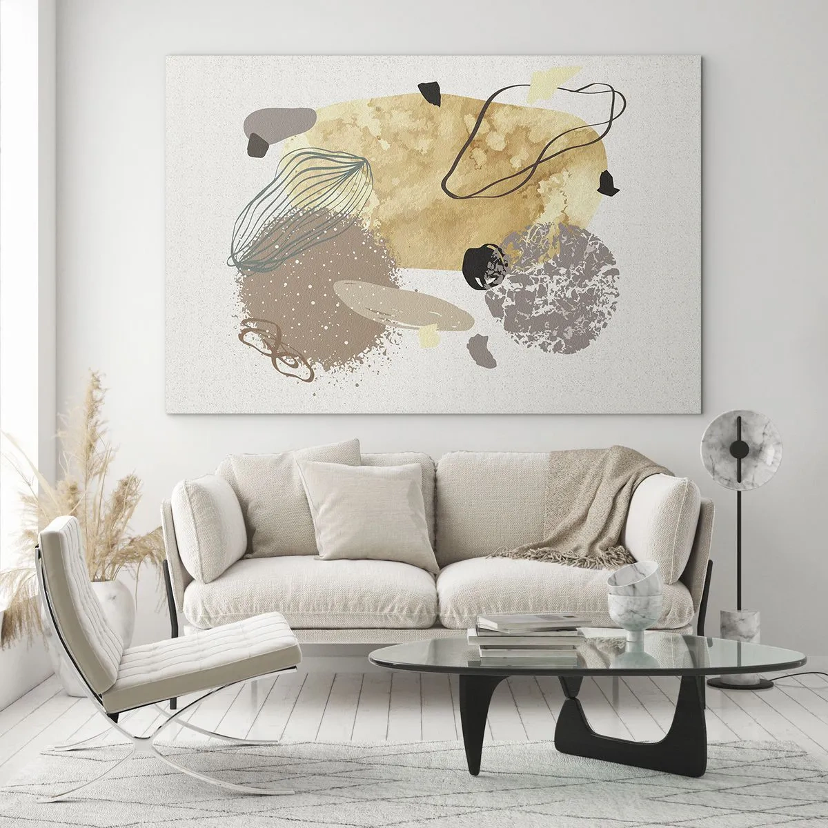 Obraz na skle - Béžová a hnedá abstrakcia s nepravidelnými tvarmi - 70x50cm - Abstraktná slivka - Moderná nástenná dekorácia do obývacej izby a spálne ARTTOR