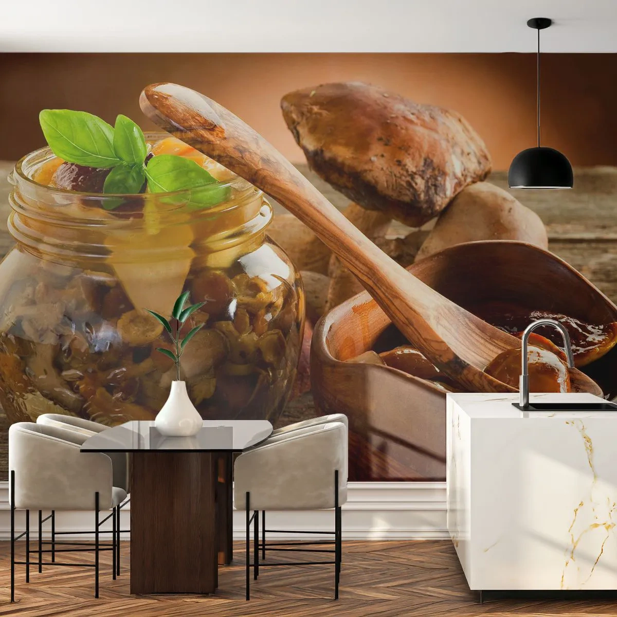 Samolepiaca Fototapeta Deluxe Sticker - Či už čerstvý alebo solený, alebo jesenný… - Gastronómia, Huby, Kuchyňa - 250x175 cm