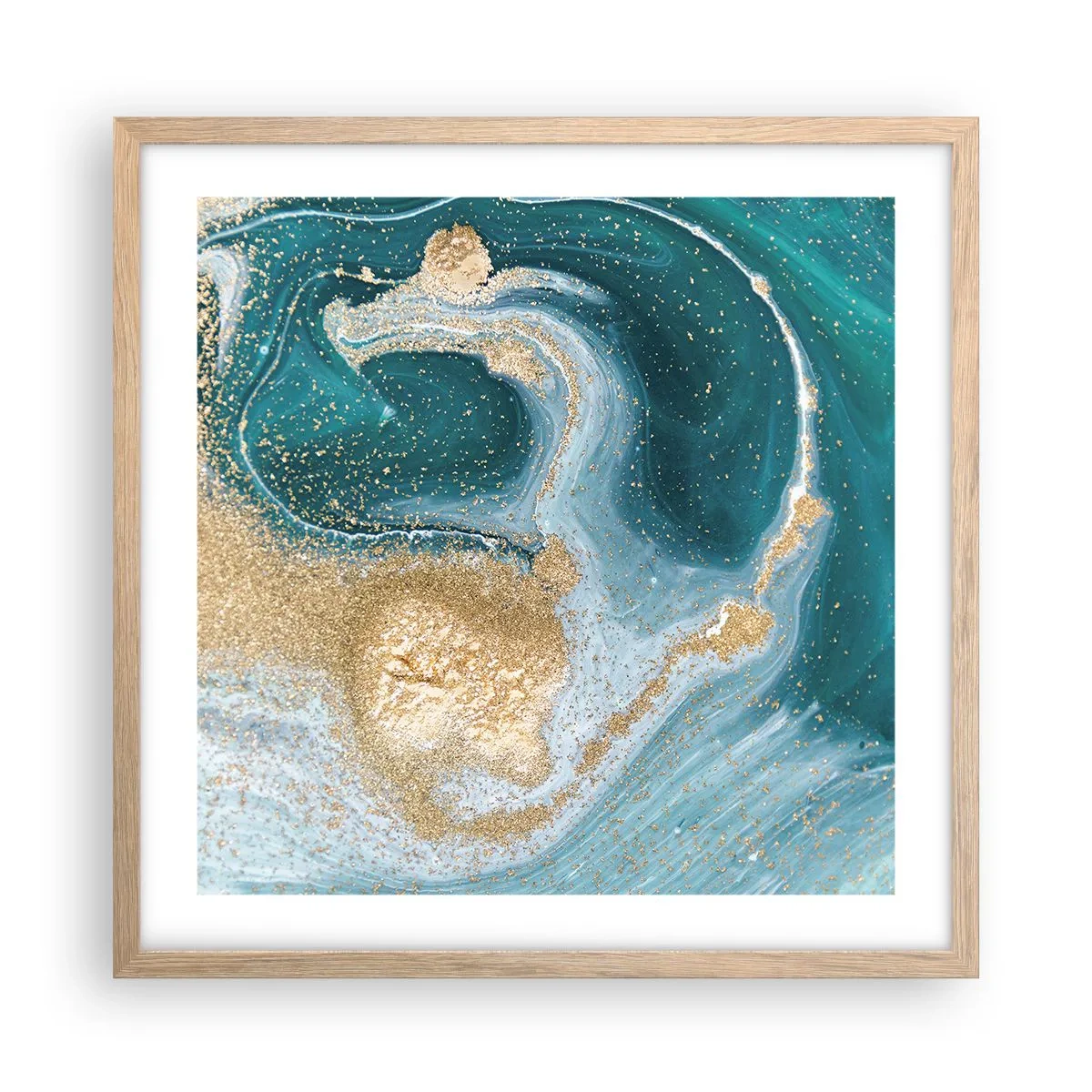 Plagát v ráme zo svetlého duba - Vír zlatej a tyrkysovej - 50x50 cm