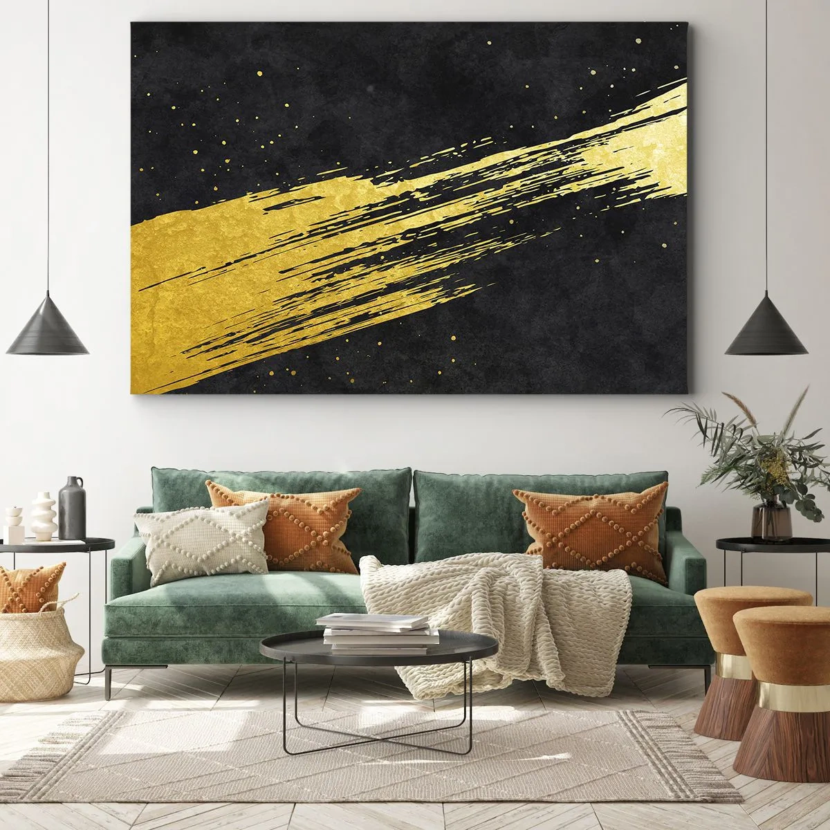Obraz na plátne - Čierne pozadie s dynamickými zlatými ťahmi štetcom - 70x50cm - Skok do hyperpriestoru - Moderná nástenná dekorácia do obývacej izby a spálne ARTTOR