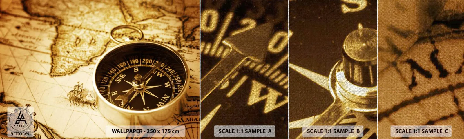 Vzorka fototapety Premium Canvas - Na východ alebo na západ? - Cestuje, Mapy sveta, Kompas - 100x30 cm