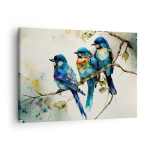 Obraz na plátne - Tri farebné vtáky na konári v akvarelovom štýle - 70x50cm - Urazil sa? - Moderná nástenná dekorácia do obývacej izby a spálne ARTTOR