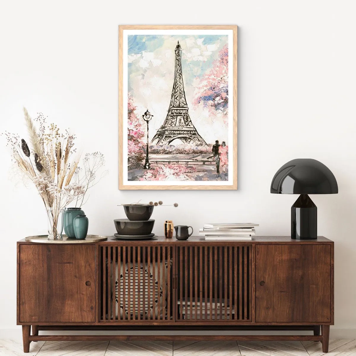Plagát v ráme zo svetlého duba - Aprílová prechádzka Parížom - 61x91 cm