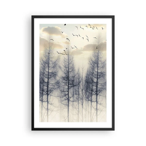 Plagát v čiernom ráme - Hmlistý les s vysokými stromami a lietajúcimi vtákmi ráno - 50x70cm - Duchovia lesa - Moderná nástenná dekorácia do obývacej izby a spálne ARTTOR