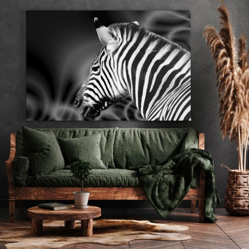 Obraz na plátne - Čiernobiely portrét zebry na pozadí abstraktných vzorov. - 70x50cm - Biele je biele a čierne je čierne - Moderná nástenná dekorácia do obývacej izby a spálne ARTTOR