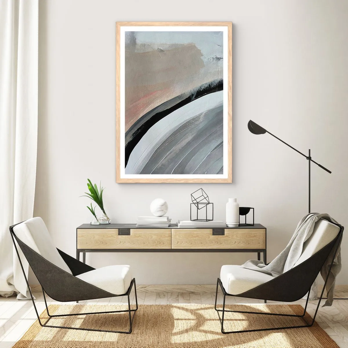 Plagát v ráme zo svetlého duba - Kompozícia: čierny a šedý oblúk - 50x70 cm