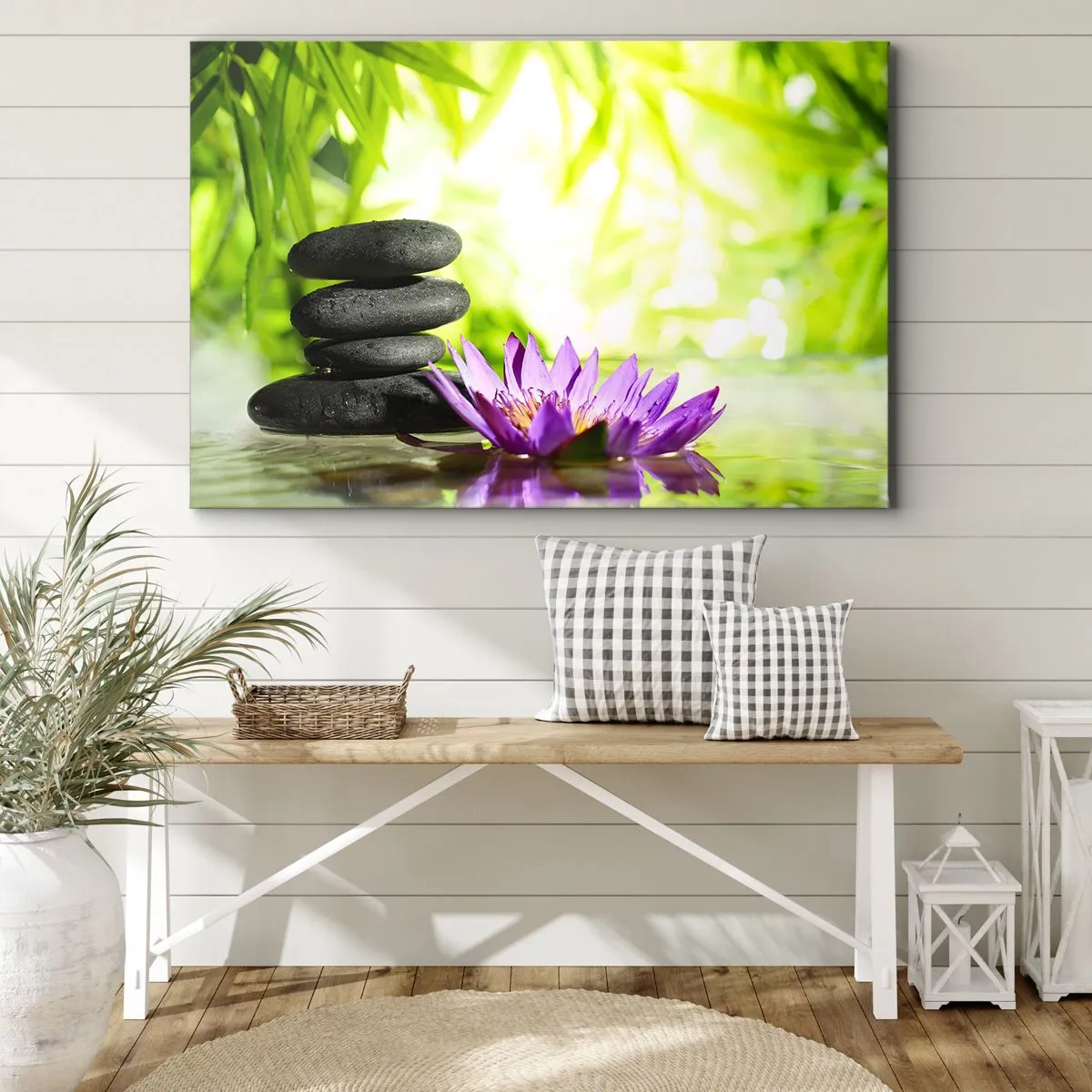 Obraz na plátne - Hromada zenových kameňov a lotosový kvet na pozadí bambusových listov. - 70x50cm - V bambusovom hájiku - Moderná nástenná dekorácia do obývacej izby a spálne ARTTOR