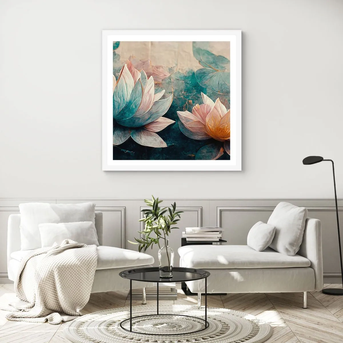 Plagát v bielom ráme - Hviezdy a jazero - 60x60 cm