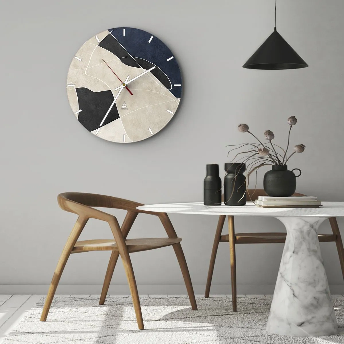 Nástenné hodiny - Minimalistické tvary v béžovej, čiernej a tmavomodrej farbe s bielou linkou - 30x30cm - Abstraktná kompozícia – kontrast farieb - Moderná nástenná dekorácia do obývacej izby, kuchyne a spálne ARTTOR