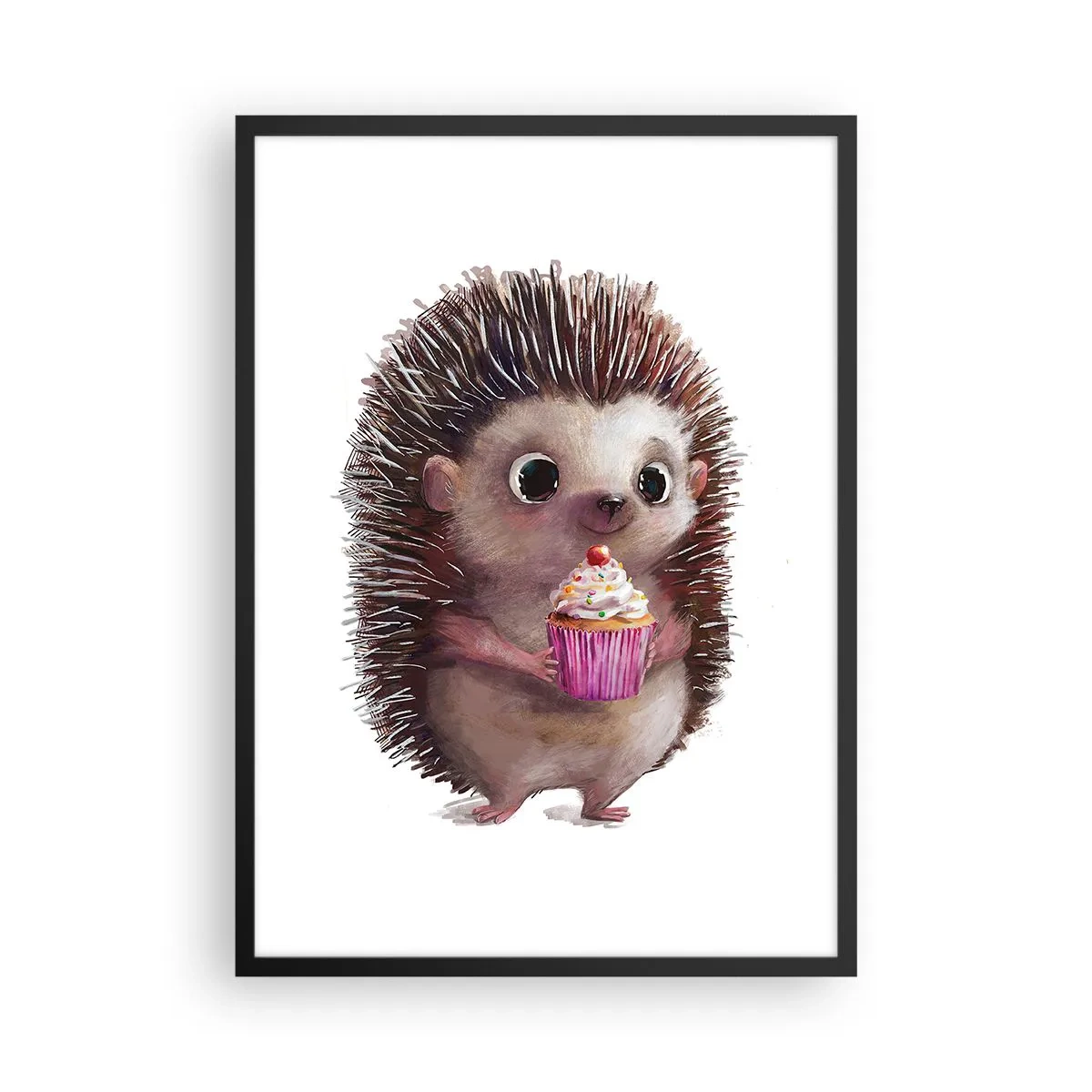 Plagát v čiernom ráme - Roztomilý ježko drží farebný koláčik - 50x70cm - Oslava je každý deň - Moderná nástenná dekorácia do obývacej izby a spálne ARTTOR