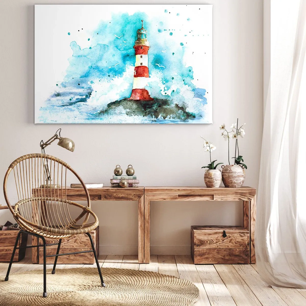 Obraz na plátne - Maják v akvarelovom prostredí s modrým pozadím - 70x50cm - Jednota živlov - Moderná nástenná dekorácia do obývacej izby a spálne ARTTOR