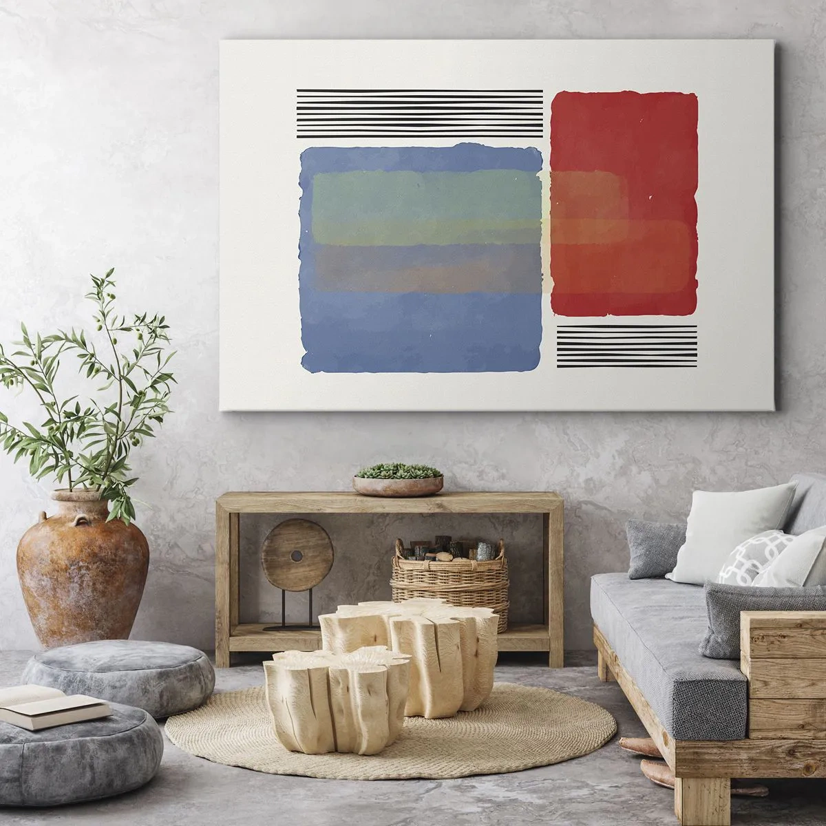 Obraz na plátne - Geometrická kompozícia s farebnými blokmi a čiarami - 70x50cm - Duch a písmeno geometrie - Moderná nástenná dekorácia do obývacej izby a spálne ARTTOR