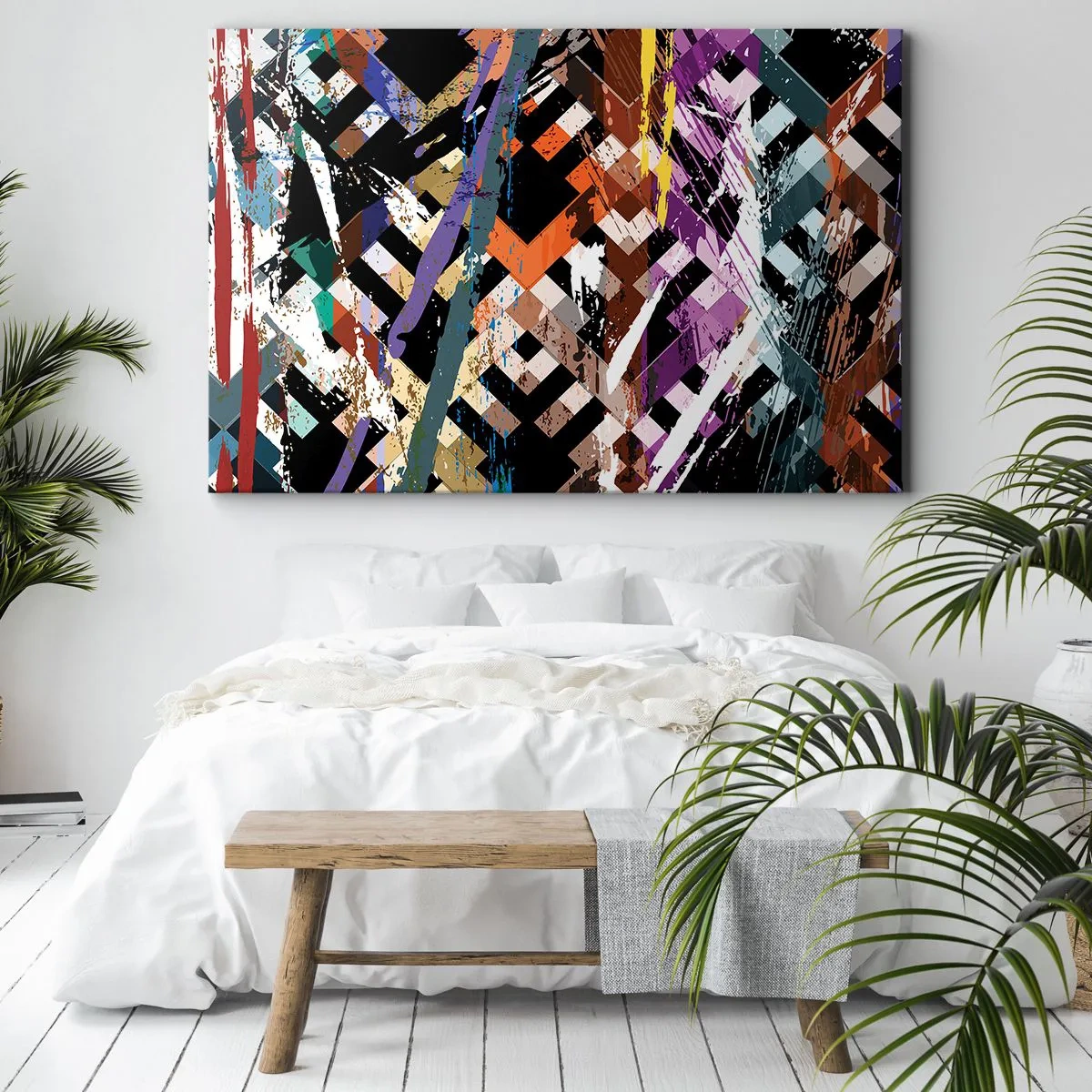 Obraz na plátne - Abstraktná kompozícia s farebnými čiarami na čiernom pozadí - 70x50cm - Umocnené na druhú - Moderná nástenná dekorácia do obývacej izby a spálne ARTTOR