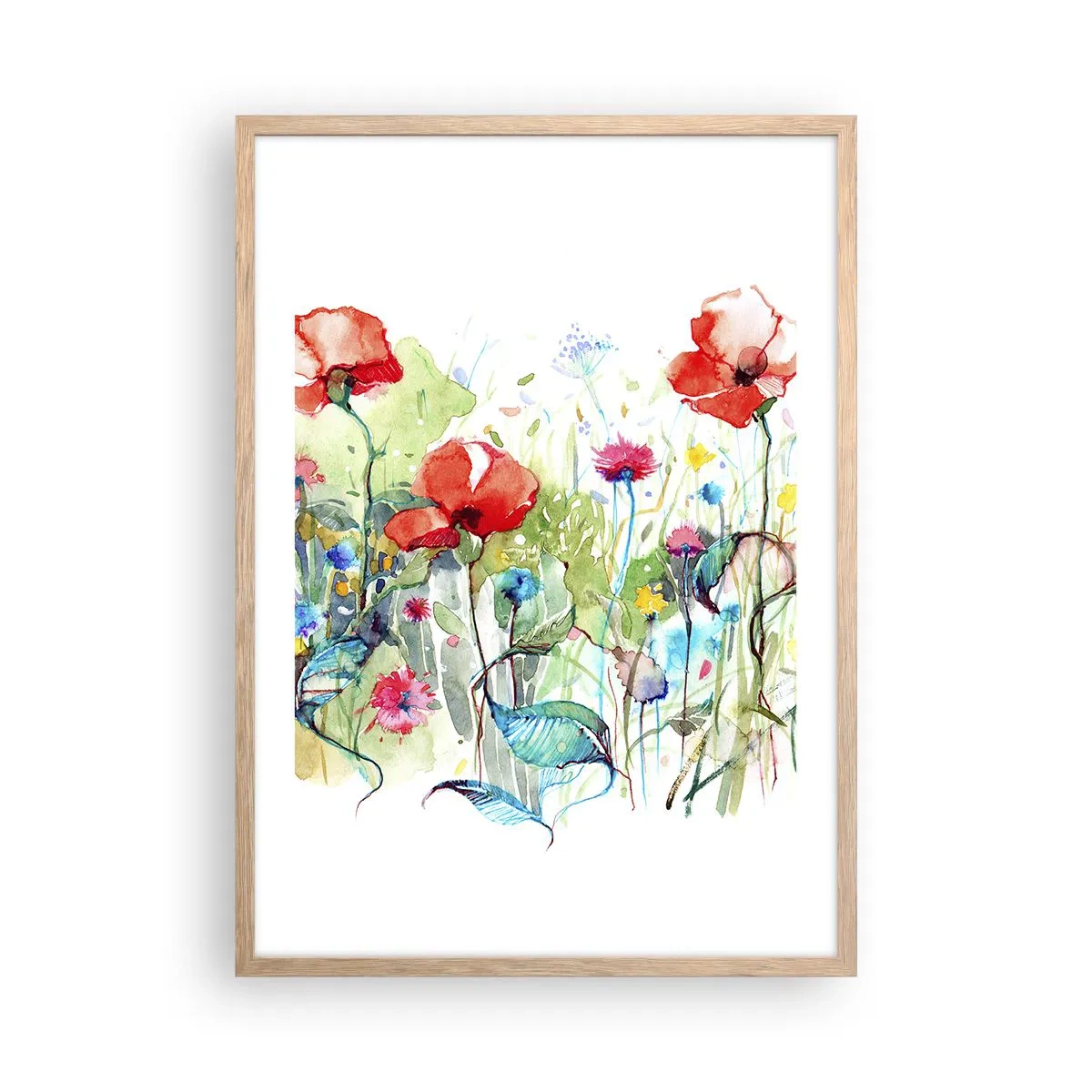 Plagát v ráme zo svetlého duba - Kvitnúca lúka v máji - 50x70 cm