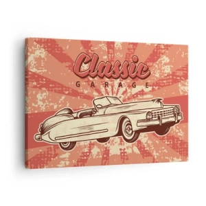 Obraz na plátne - Retro plagát s klasickým autom a slovami Classic Garage - 70x50cm - V rádiu je Elvis - Moderná nástenná dekorácia do obývacej izby a spálne ARTTOR