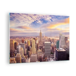 Obraz na skle - Panoráma mesta s mrakodrapmi pri západe slnka - 70x50cm - Dosiahnuť samotné oblaky - Moderná nástenná dekorácia do obývacej izby a spálne ARTTOR