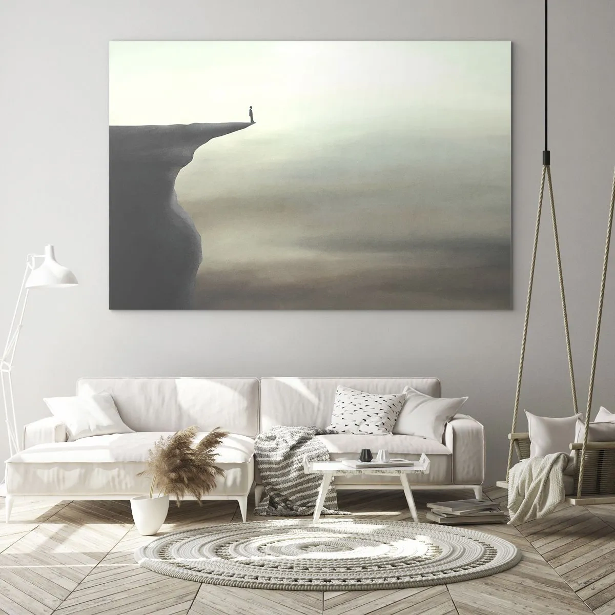 Obraz na skle - Silueta osoby stojacej na okraji útesu nad hmlou - 70x50cm - Hore, samozrejme! - Moderná nástenná dekorácia do obývacej izby a spálne ARTTOR