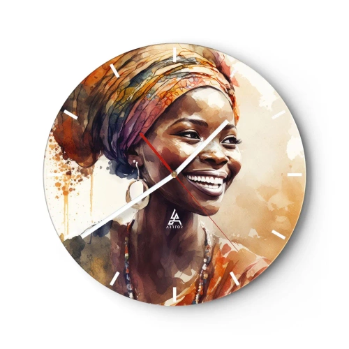 Nástenné hodiny - Usmievavá žena v turbane na pozadí akvarelových škvŕn. - 30x30cm - Africká kráľovná - Moderná nástenná dekorácia do obývacej izby, kuchyne a spálne ARTTOR
