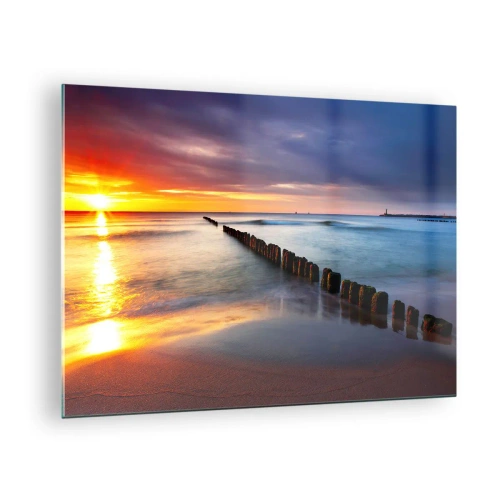Obraz na skle - Západ slnka nad morom s drevenými vlnolammi - 70x50cm - Počúvaj ticho - Moderná nástenná dekorácia do obývacej izby a spálne ARTTOR