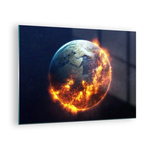 Obraz na skle - Zem obklopená plameňmi vo vesmíre - 70x50cm - Plameň apokalypsy - Moderná nástenná dekorácia do obývacej izby a spálne ARTTOR