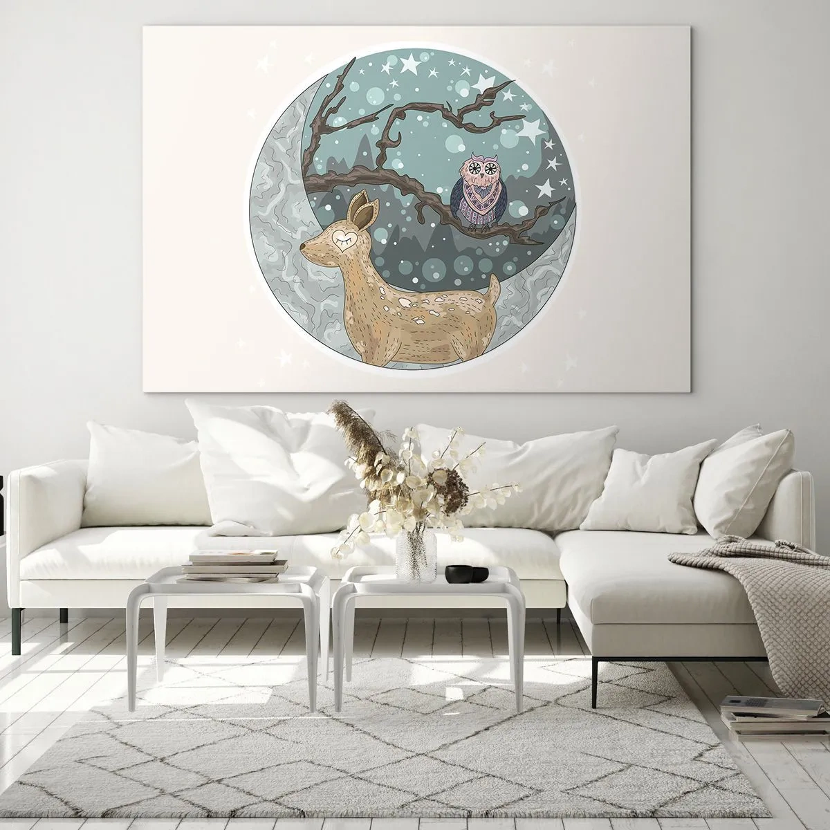 Obraz na skle - Ilustrácia jeleňa a sovy v magickom prostredí - 70x50cm - Rozprávková, lesná noc - Moderná nástenná dekorácia do obývacej izby a spálne ARTTOR