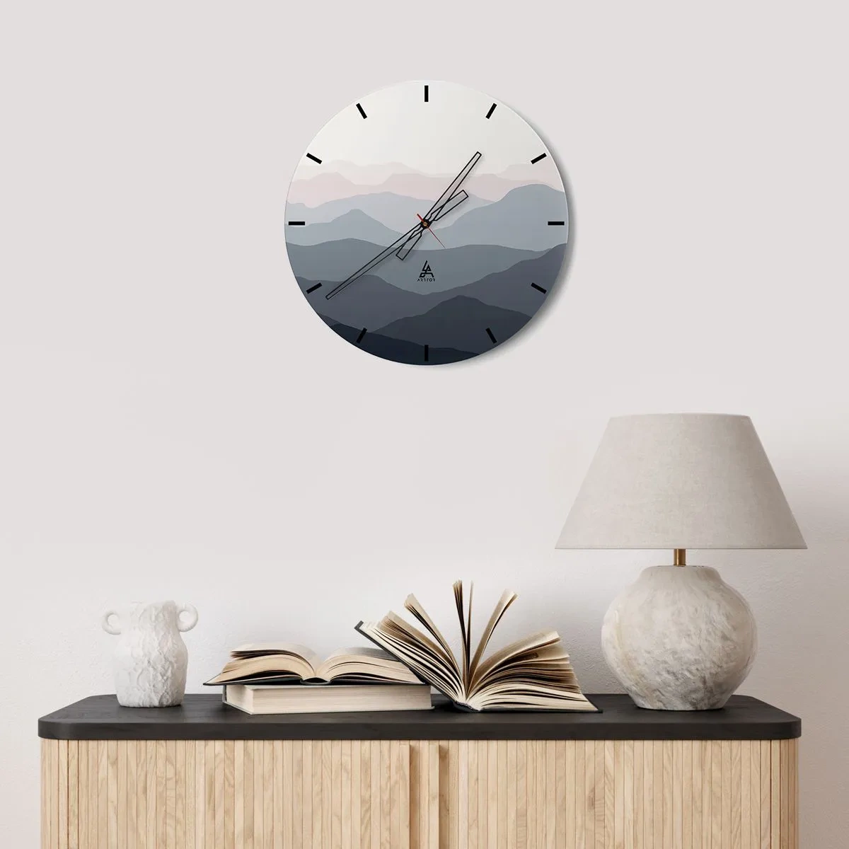 Nástenné hodiny - Minimalistická horská krajina v pastelových farbách - 30x30cm - Vlny hôr - Moderná nástenná dekorácia do obývacej izby, kuchyne a spálne ARTTOR
