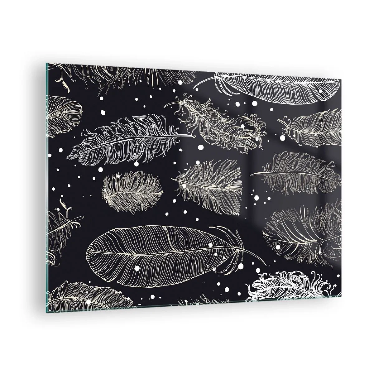 Obraz na skle - Biele perie na čiernom pozadí s jemnými detailmi - 70x50cm - Čipka s perím - Moderná nástenná dekorácia do obývacej izby a spálne ARTTOR