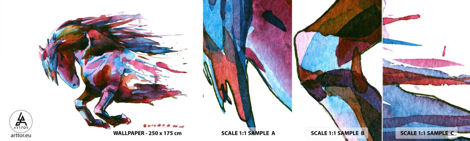 Vzorka samolepiacej fototapety Deluxe Sticker - Nadšenie - Zvieratá, Abstrakcia, Kôň - 100x30 cm