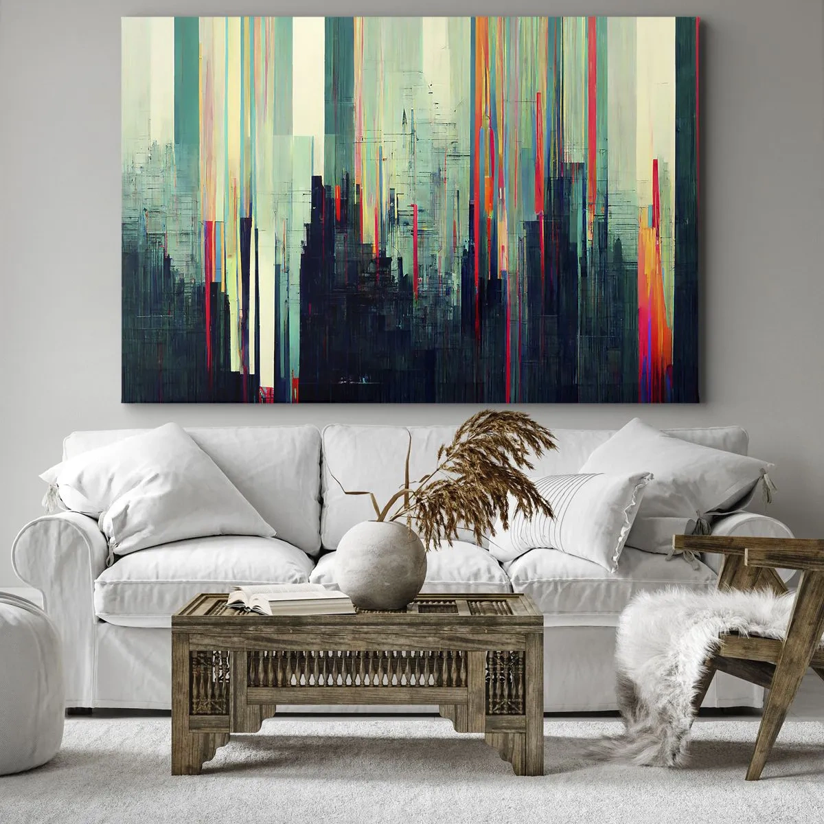 Obraz na plátne - Abstrakcia so zvislými čiarami a panorámou mesta - 70x50cm - Futuristické mesto - Moderná nástenná dekorácia do obývacej izby a spálne ARTTOR