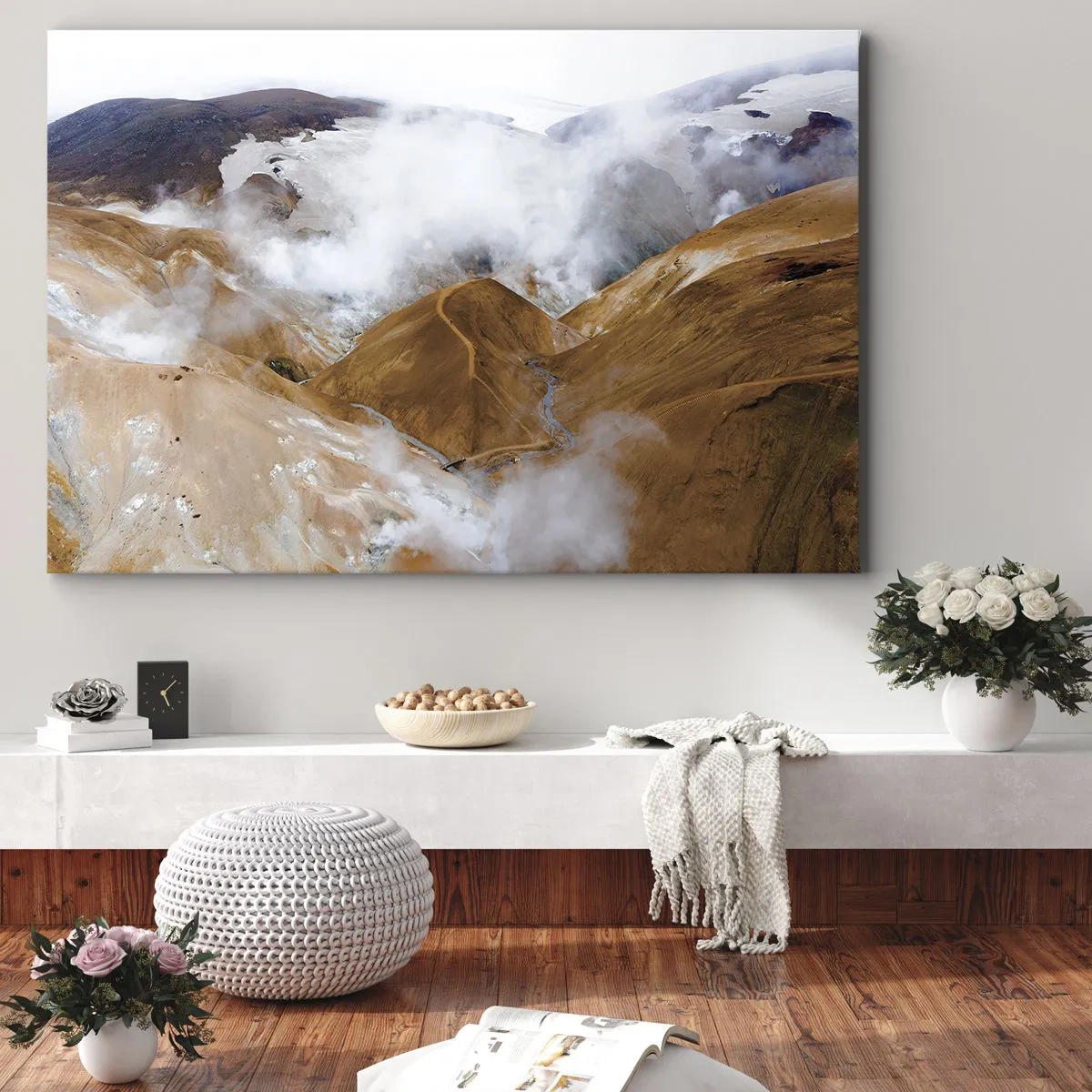 Obraz na plátne - Horská krajina s parou v drsnom podnebí - 70x50cm - Drsná krása Islandu - Moderná nástenná dekorácia do obývacej izby a spálne ARTTOR