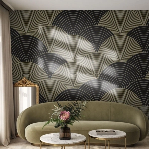 Fototapeta Standard Eco - Zlaté polkruhy tvoriace japonský vzor na čiernom pozadí - 100x70cm - Jednota v mnohosti - Moderná nástenná dekorácia do obývacej izby a spálne ARTTOR