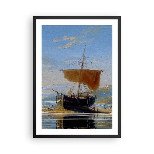 Plagát v čiernom ráme - Tradičná plachetnica na brehu s odrazom vo vode - 50x70cm - Voda, zem, vzduch - Moderná nástenná dekorácia do obývacej izby a spálne ARTTOR