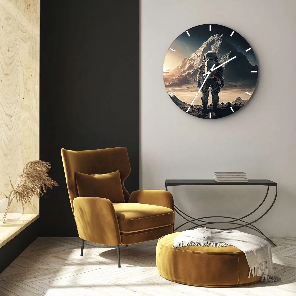 Nástenné hodiny - Astronaut pri pohľade na vesmírnu krajinu s horou - 30x30cm - Nová výzva - Moderná nástenná dekorácia do obývacej izby, kuchyne a spálne ARTTOR