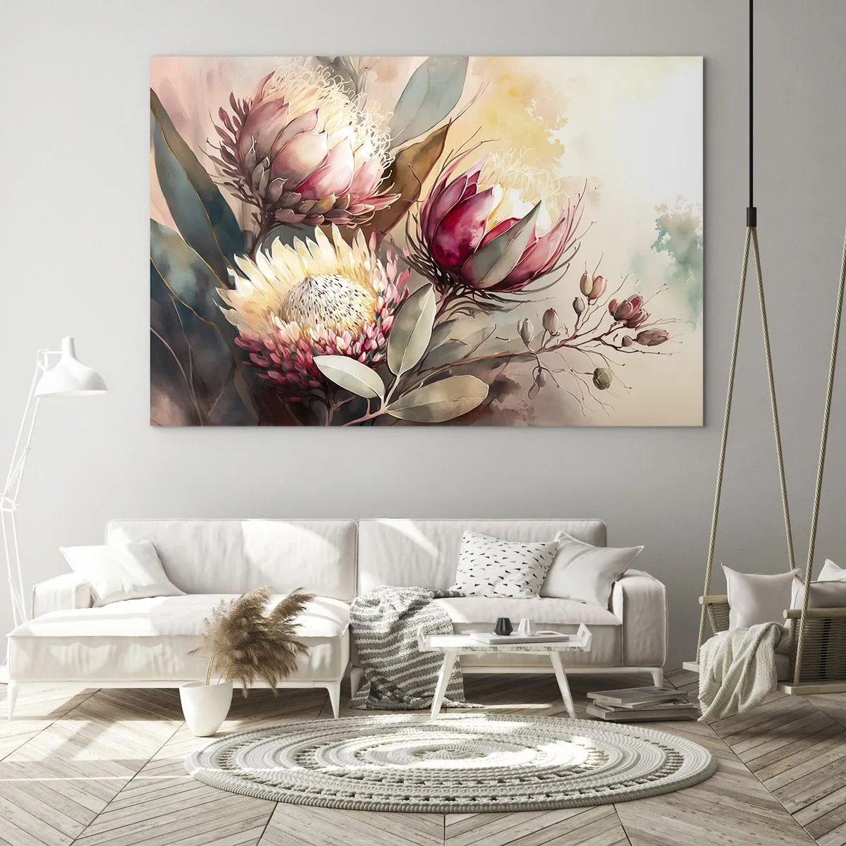Obraz na skle - Kvety protey v pastelových farbách na umeleckom pozadí - 70x50cm - Z profilu a en face - Moderná nástenná dekorácia do obývacej izby a spálne ARTTOR