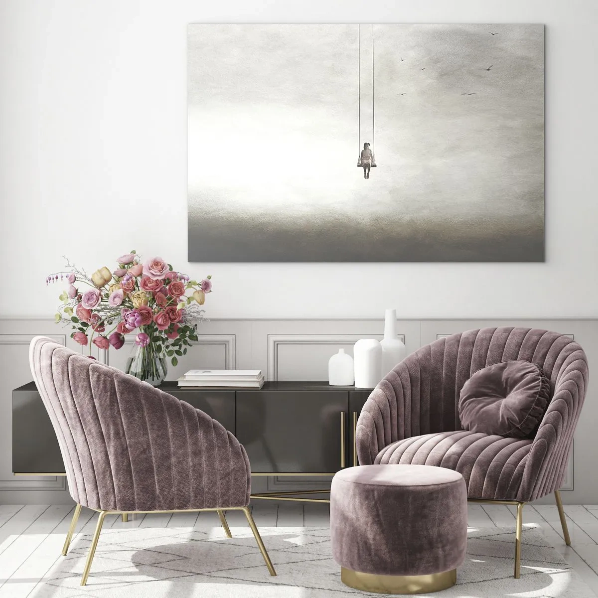Obraz na skle - Postava na hojdačke zavesená na oblohe - 70x50cm - Dieťa v nás - Moderná nástenná dekorácia do obývacej izby a spálne ARTTOR