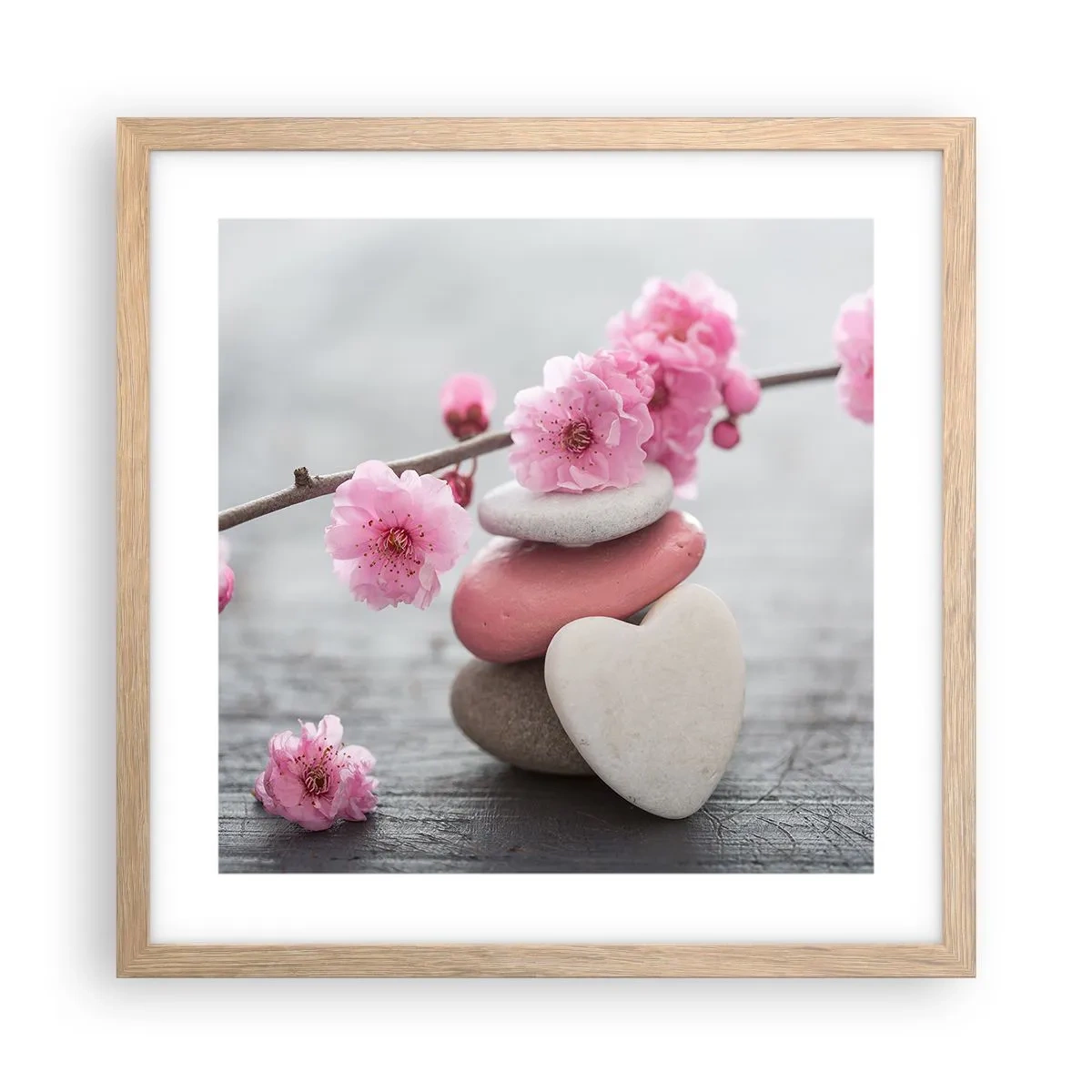 Plagát v ráme zo svetlého duba - Blaženosť s višňovým kvetom - 40x40 cm