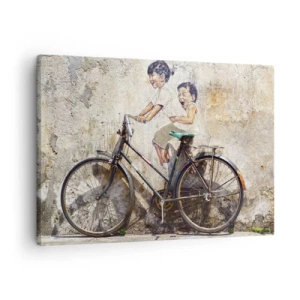 Obraz na plátne - Pouličné umenie s bicyklom a detskými kresbami na stene - 70x50cm - Pravda alebo klam? - Moderná nástenná dekorácia do obývacej izby a spálne ARTTOR