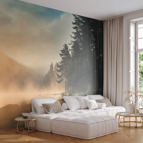 Fototapeta Standard Eco - Hmlistý les pri jazere pri východe slnka - 100x70cm - Zrodenie dňa - Moderná nástenná dekorácia do obývacej izby a spálne ARTTOR