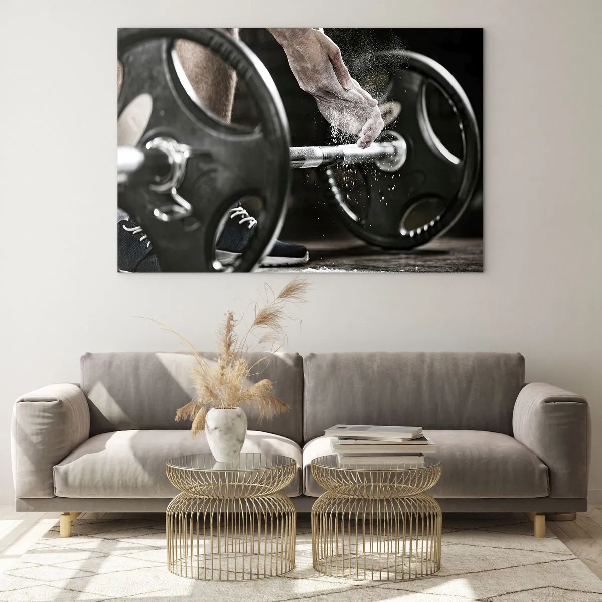 Obraz na skle - Vzpieranie s kriedou na rukách a činkou - 70x50cm - Výzva prijatá! - Moderná nástenná dekorácia do obývacej izby a spálne ARTTOR