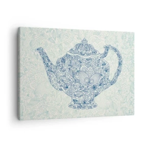 Obraz na plátne - Dekoratívna kresba čajníka s modrými ornamentami - 70x50cm - Čajové kúzlo - Moderná nástenná dekorácia do obývacej izby a spálne ARTTOR