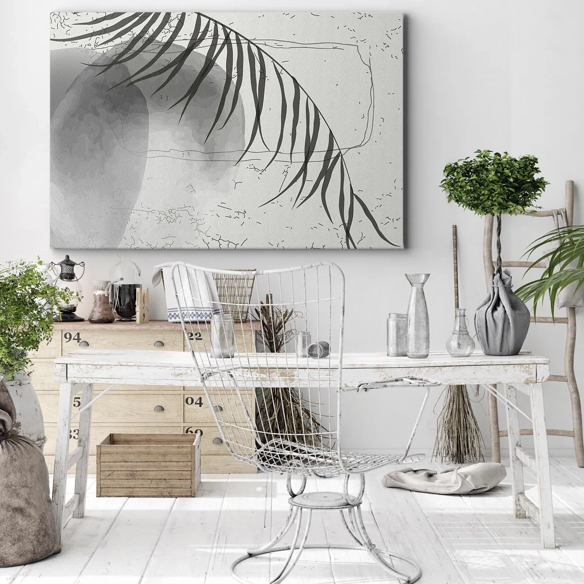 Obraz na plátne - Jemný motív palmového listu na svetlom pozadí v škandinávskom štýle. - 70x50cm - Subtílna exotika prírody - Moderná nástenná dekorácia do obývacej izby a spálne ARTTOR
