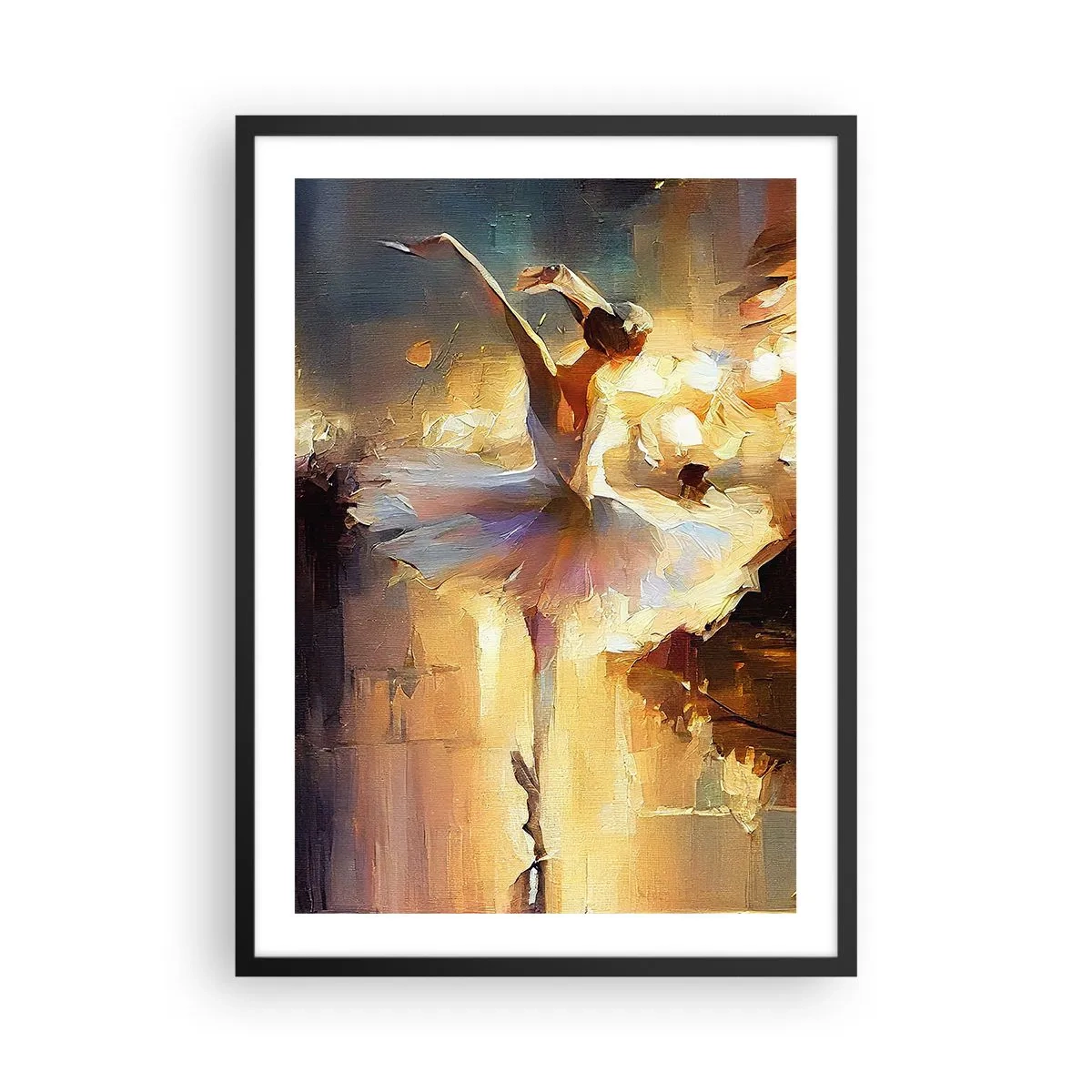Plagát v čiernom ráme - Baletka v zlatom svetle javiska - 50x70cm - Zázrak na ulici - Moderná nástenná dekorácia do obývacej izby a spálne ARTTOR