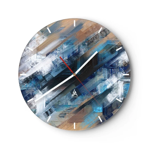 Nástenné hodiny - Abstraktná kompozícia modrých ťahov štetcom. - 30x30cm - Modrá šikmosť - Moderná nástenná dekorácia do obývacej izby, kuchyne a spálne ARTTOR