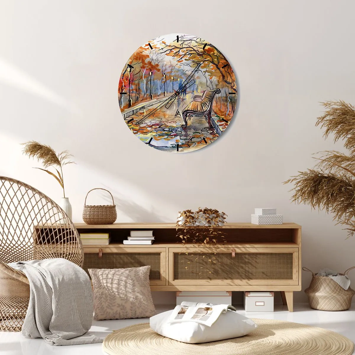 Nástenné hodiny - Jesenný park s lavičkou v akvarelovom štýle - 30x30cm - Spoločne putovať jeseňou - Moderná nástenná dekorácia do obývacej izby, kuchyne a spálne ARTTOR