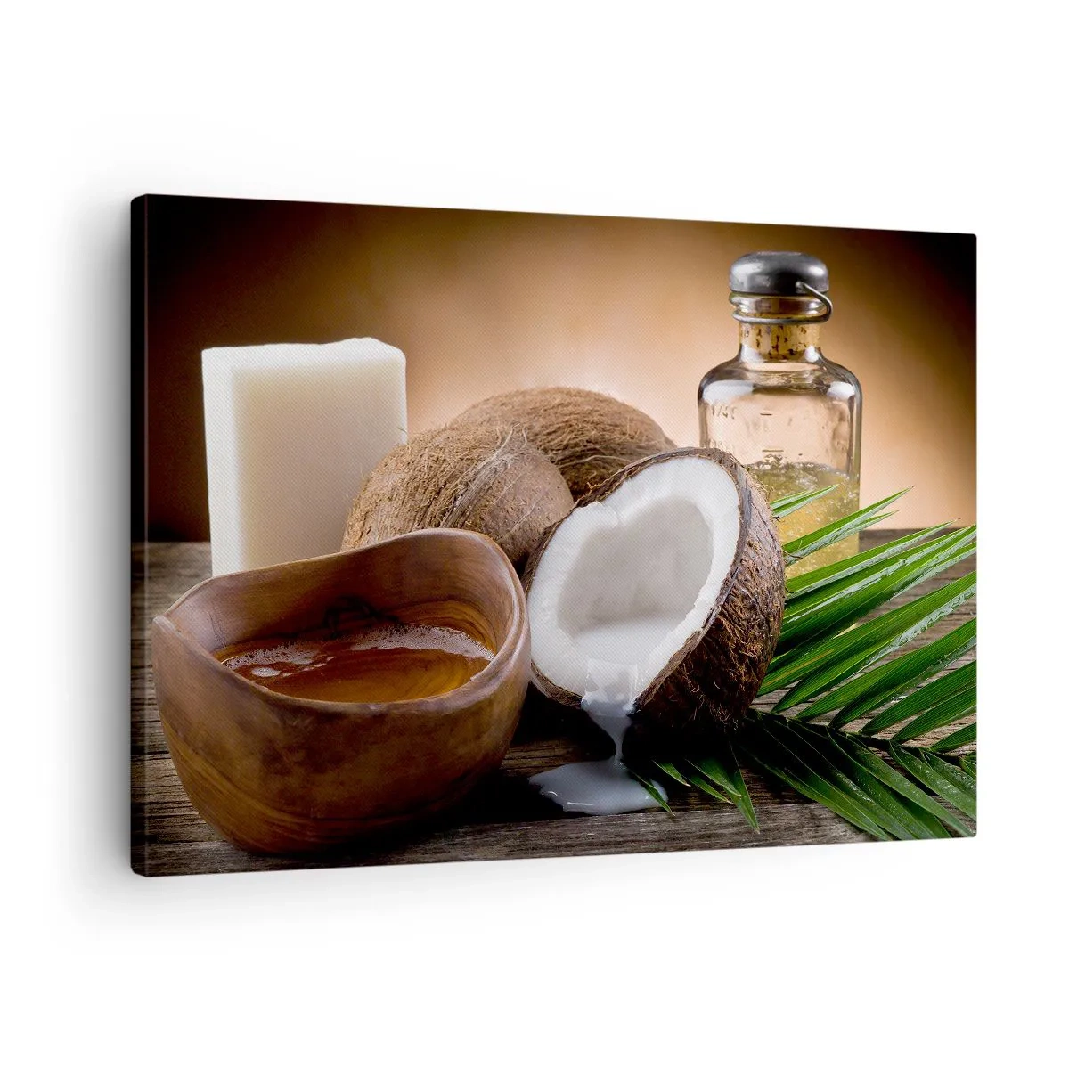 Obraz na plátne - Kokosové orechy, sviečka a olej na drevenom pozadí - 70x50cm - Zdravie z tropických ostrovov - Moderná nástenná dekorácia do obývacej izby a spálne ARTTOR