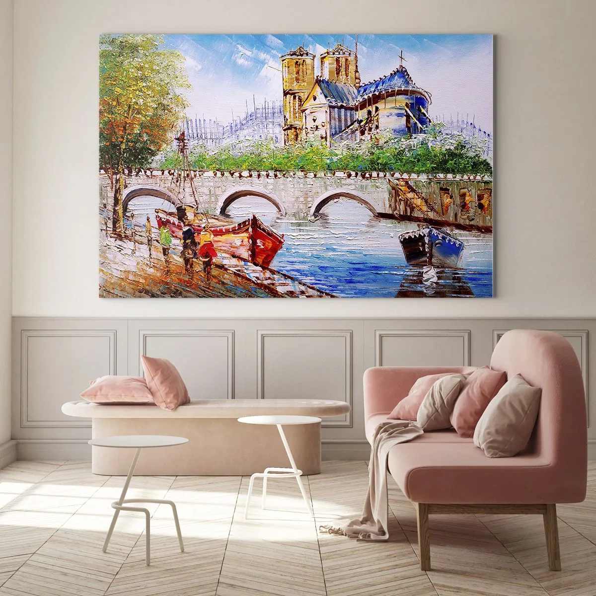 Obraz na skle - Most a lode na pozadí historickej katedrály - 70x50cm - Ich čas nikdy neskončí - Moderná nástenná dekorácia do obývacej izby a spálne ARTTOR