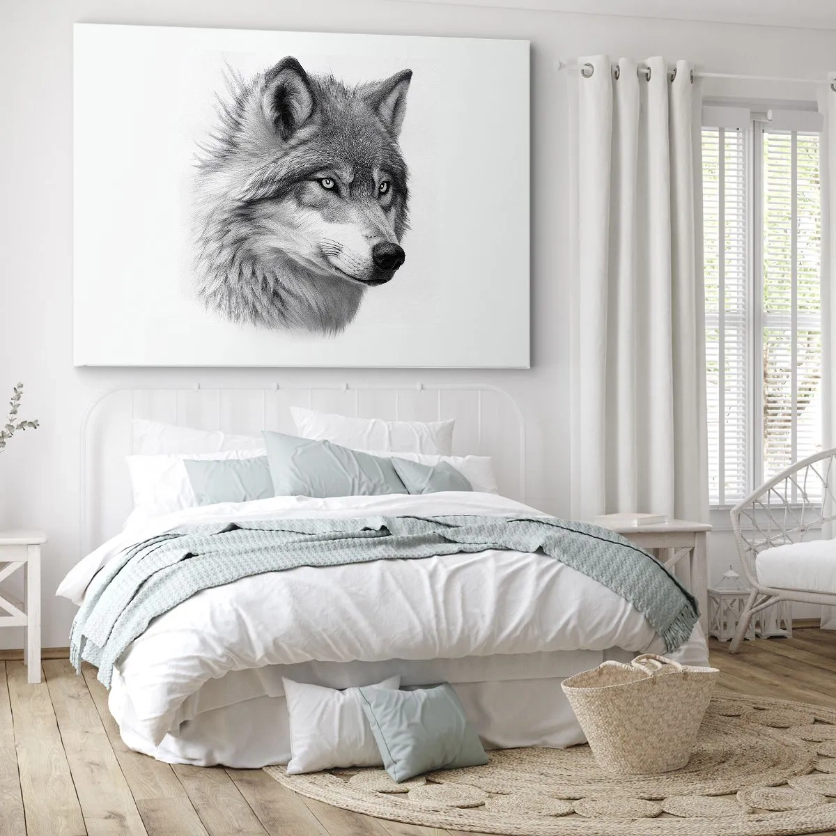 Obraz na plátne - Realistický portrét vlka v odtieňoch sivej. - 70x50cm - Alfa – bezpochyby - Moderná nástenná dekorácia do obývacej izby a spálne ARTTOR